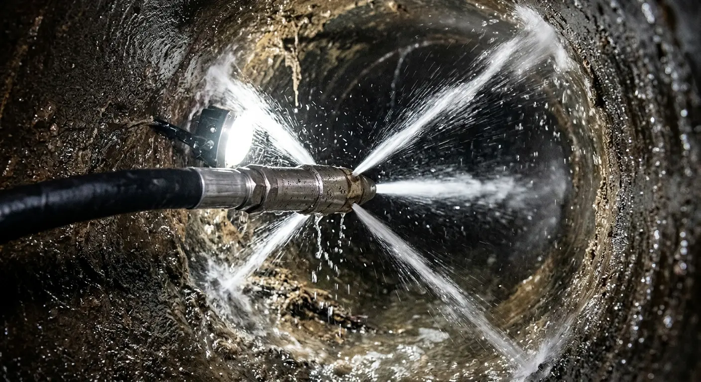 High-pressure hydro jetting nozzle cleaning sewer pipe for Emergency Drain Service in Westminster